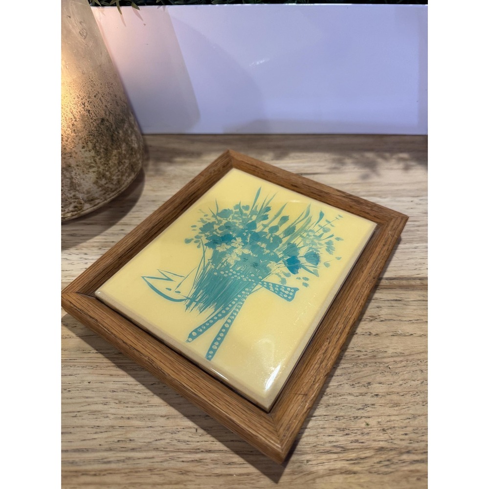 Trivet vtg plate floral design framed yellow Wall hanging wood kitchen decor